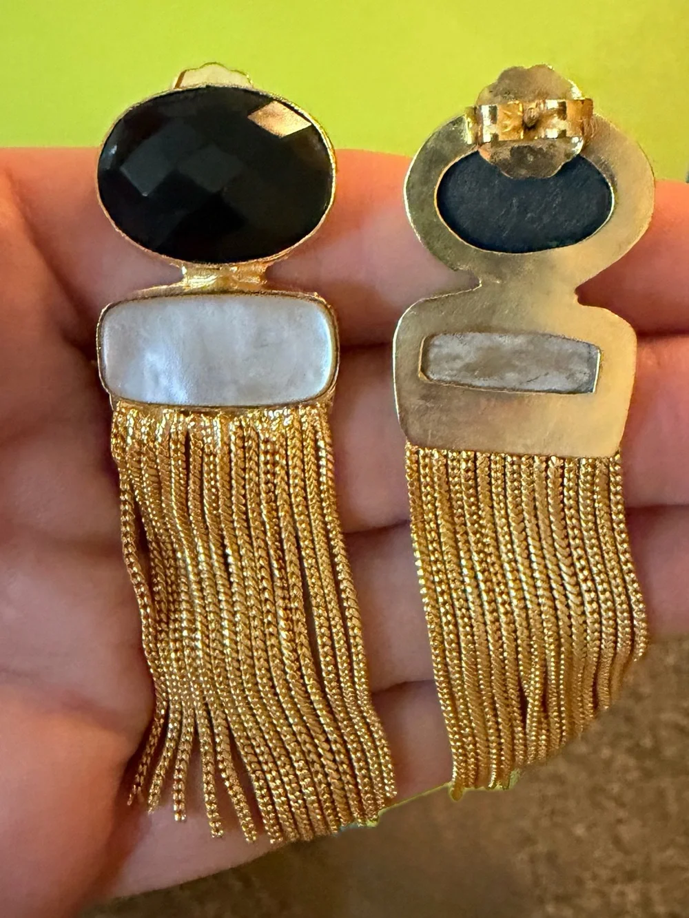 Gold Tassel Drop Earrings with Black Onyx and Mother Of Pearl - Picture 6 of 8